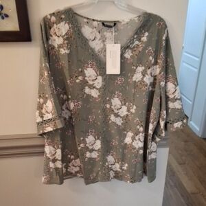 BloomChic Olive Green Floral V-Neck Blouse